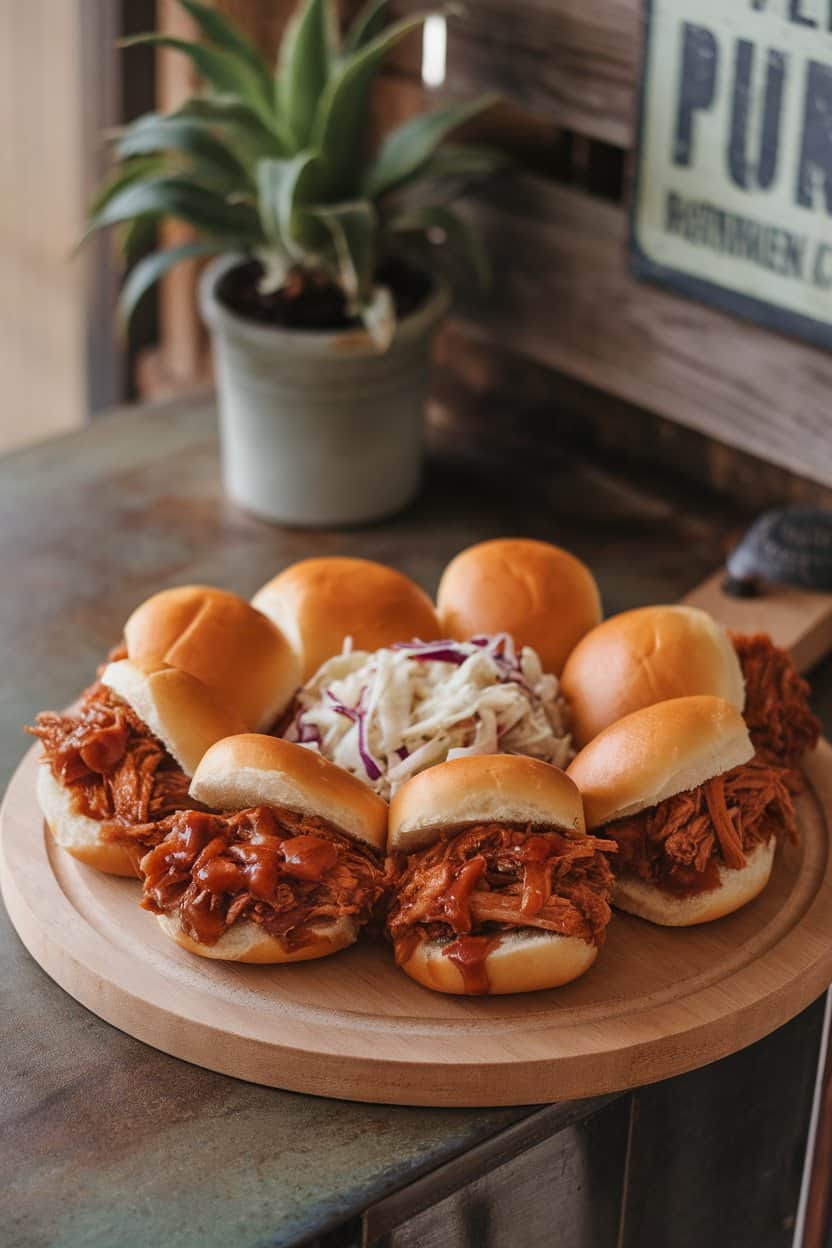 A wooden cutting board indoors holding mini brioche buns filled with saucy shredded pork and a bit of coleslaw peeking out. Soft evening light, no branding visible.
