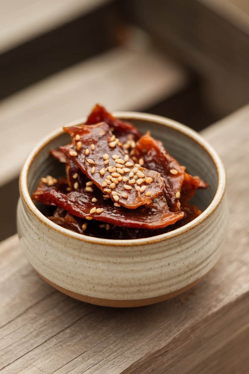 An indoor ceramic bowl filled with small glossy pieces of teriyaki beef jerky, sesame seeds sprinkled lightly. No text or logos. Photo only.