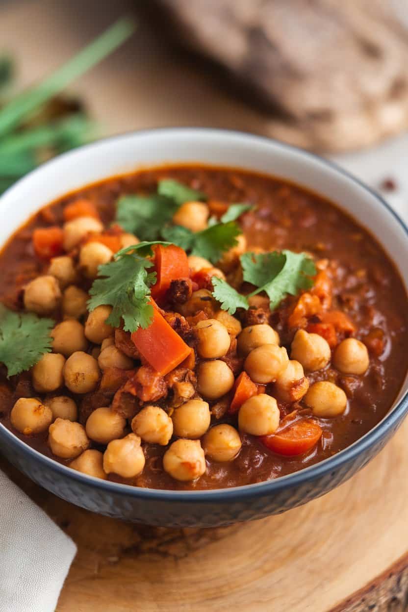 Indoor photo of a bowl of vibrant chickpea stew featuring diced tomatoes, carrots, and warming spices, garnished with cilantro; side angle, no text or logos