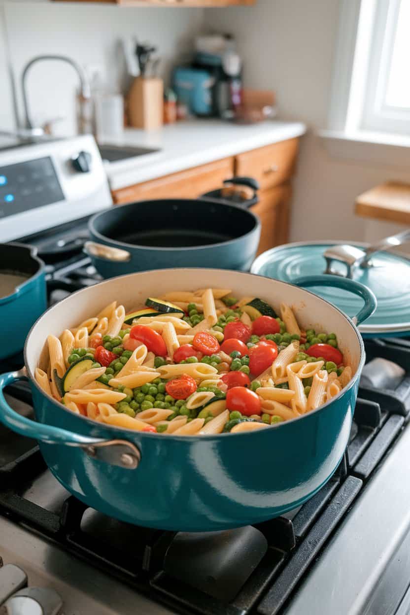 Indoor stovetop pot filled with colorful pasta primavera—penne, peas, zucchini, and cherry tomatoes in a light sauce. Photo, no text or logos.