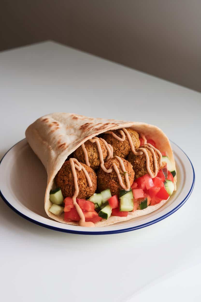 Indoor scene showing a whole-wheat pita stuffed with cooked falafel balls, chopped tomatoes, cucumbers, and a drizzle of tahini sauce. No text or logos.