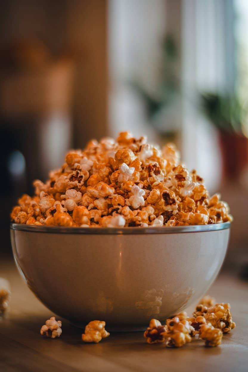 Large indoor mixing bowl overflowing with glossy salted caramel popcorn, a few kernels scattered on the table, no branding.