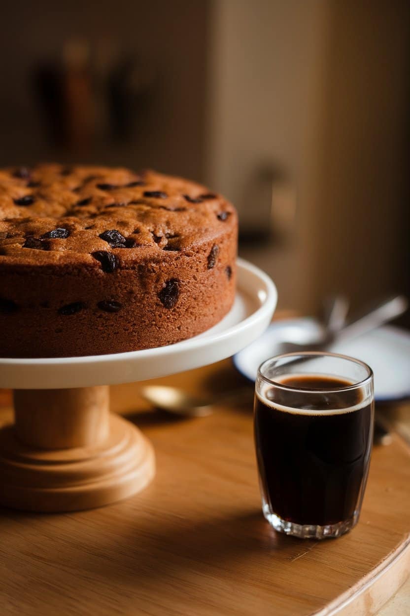 Warmly lit indoor cake stand featuring a dense porter cake dotted with raisins, a small glass of dark porter beside it for context. No visible text or logos. Photo only.