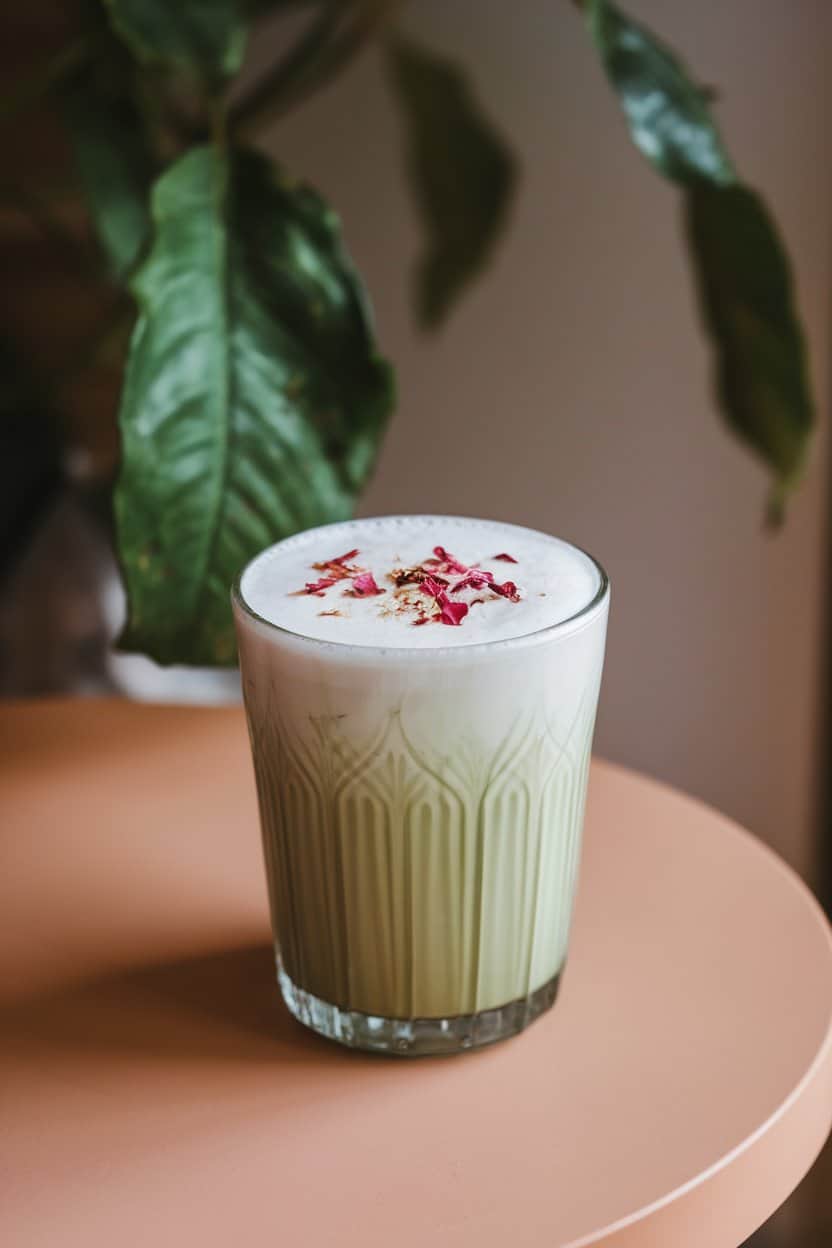 Indoor side table with a pastel-green matcha rose latte in a delicate glass, tiny edible rose petals on foam, no text or logos present. Photo