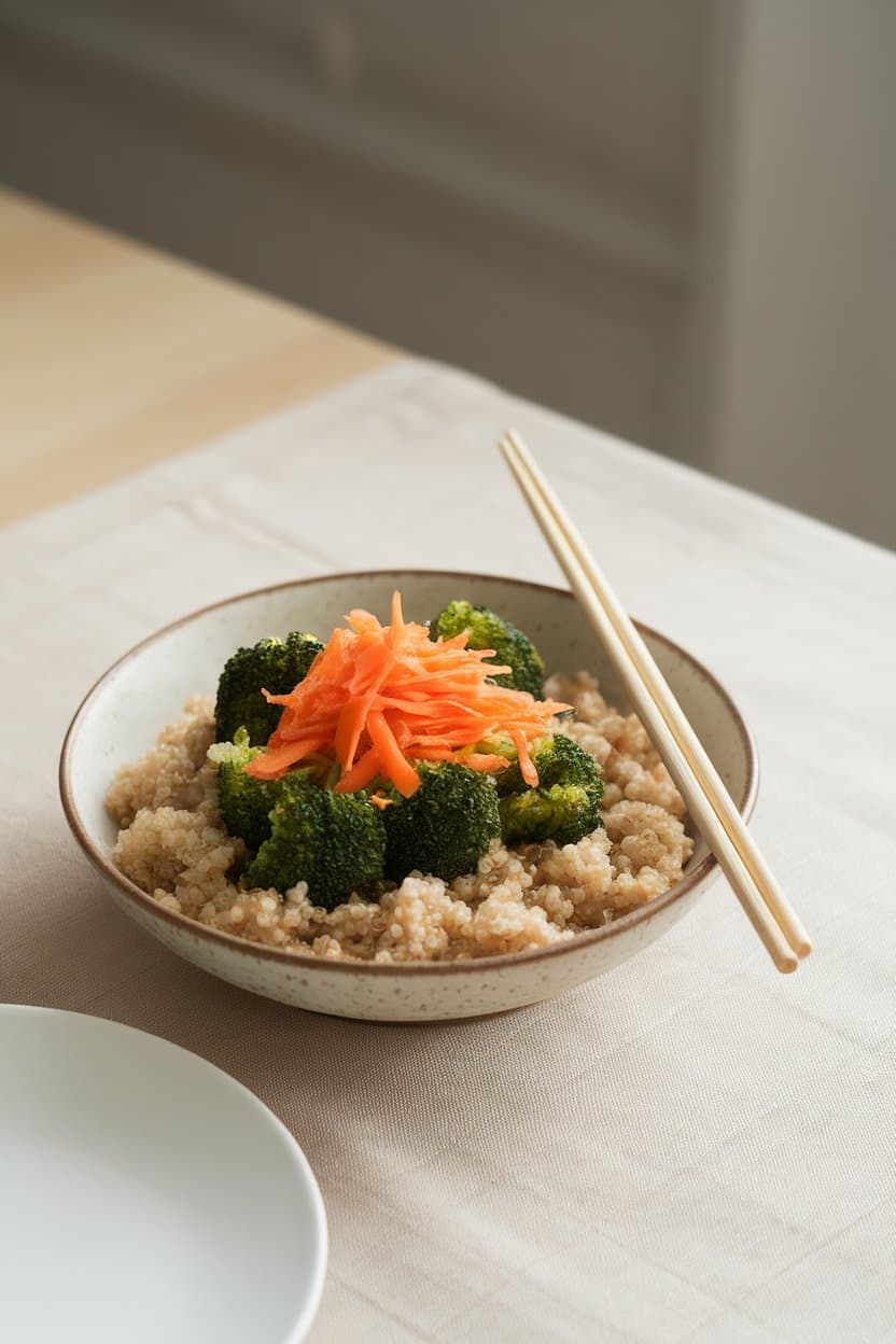 Indoor table with a bowl of fluffy quinoa topped with steamed broccoli, shredded carrots, and a glossy sesame-ginger dressing, chopsticks resting on the rim. No text or logos, photo not illustration.