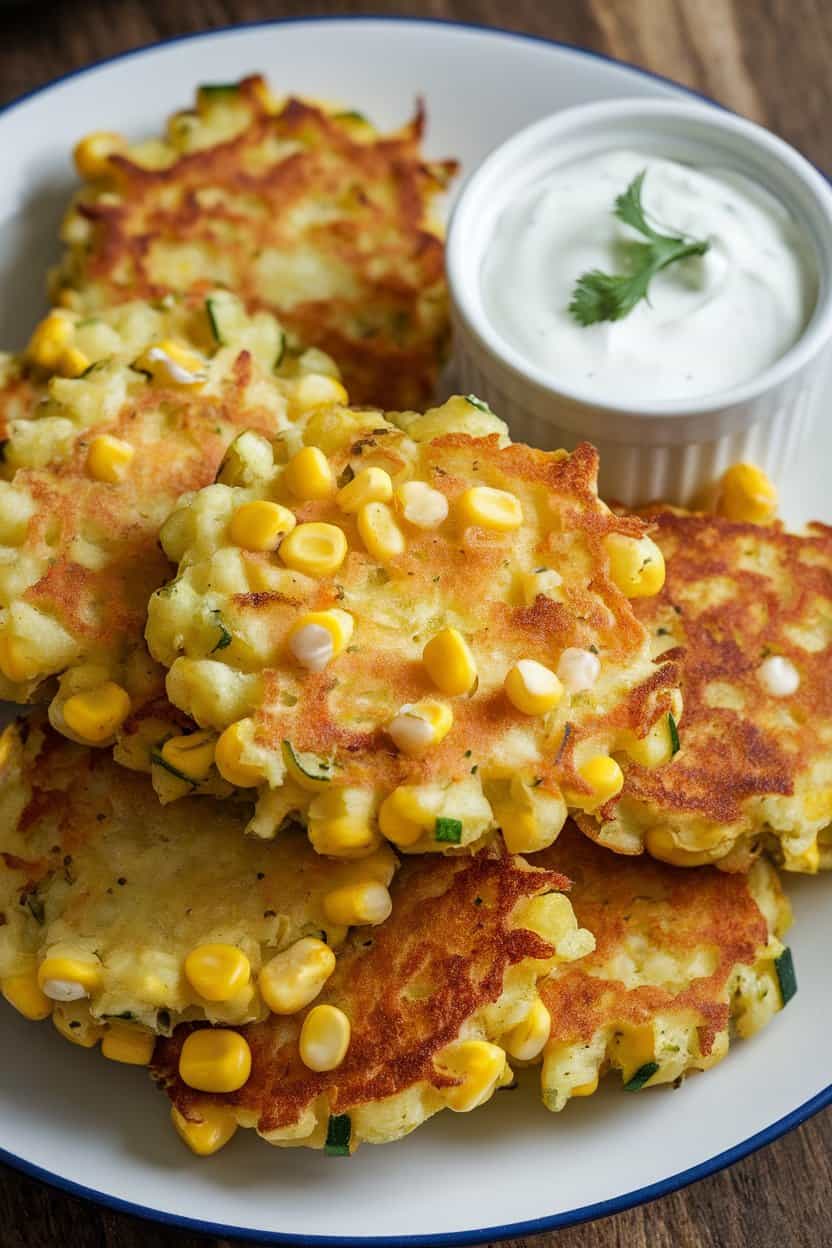 An indoor plate piled with golden fritters flecked with corn kernels and green zucchini, small ramekin of yogurt sauce on side, no text or logos.