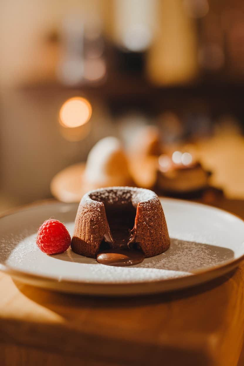 A warmly lit indoor dessert plate holding an individual lava cake split open, rich chocolate filling oozing out, a dusting of powdered sugar beside a single raspberry. No logos anywhere.