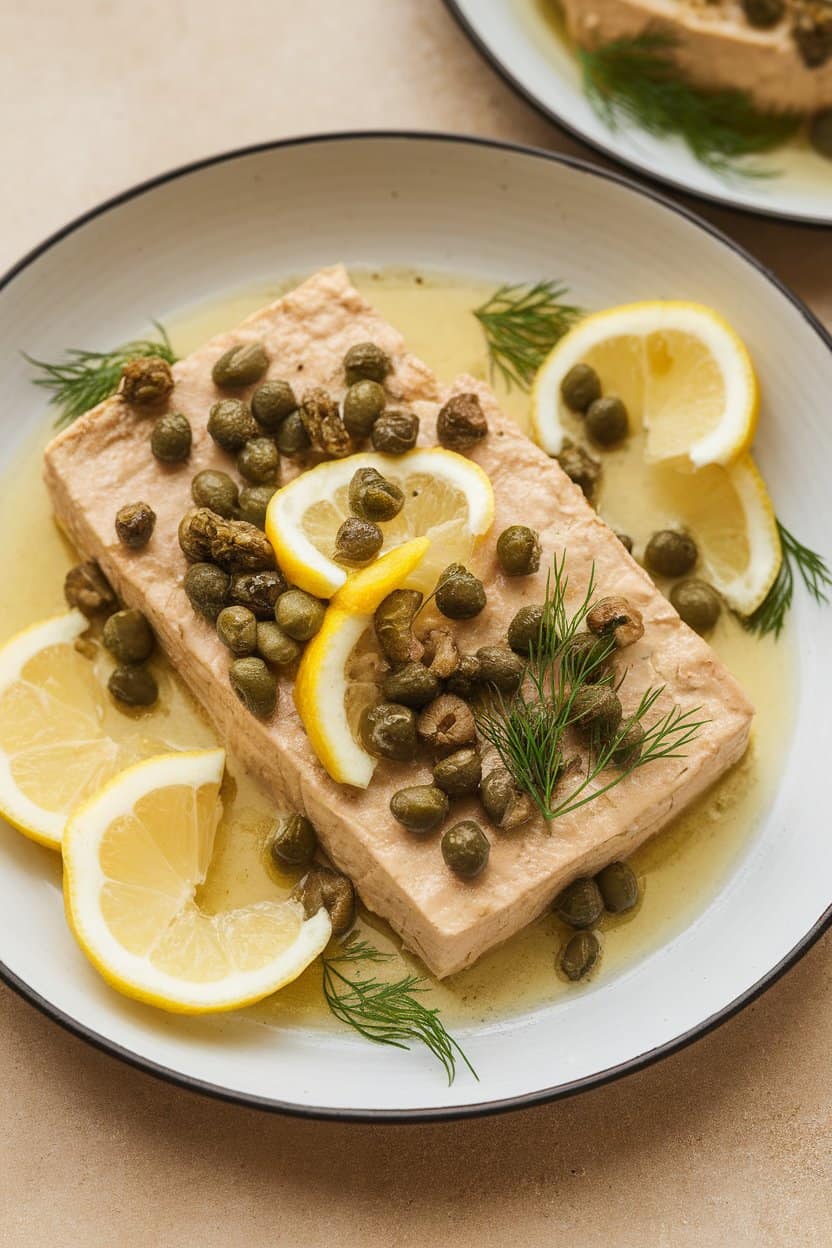 A softly lit indoor plate of sautéed tofu cutlets topped with capers, lemon slices, and fresh dill in a light butter sauce; no text or logos on dishware.