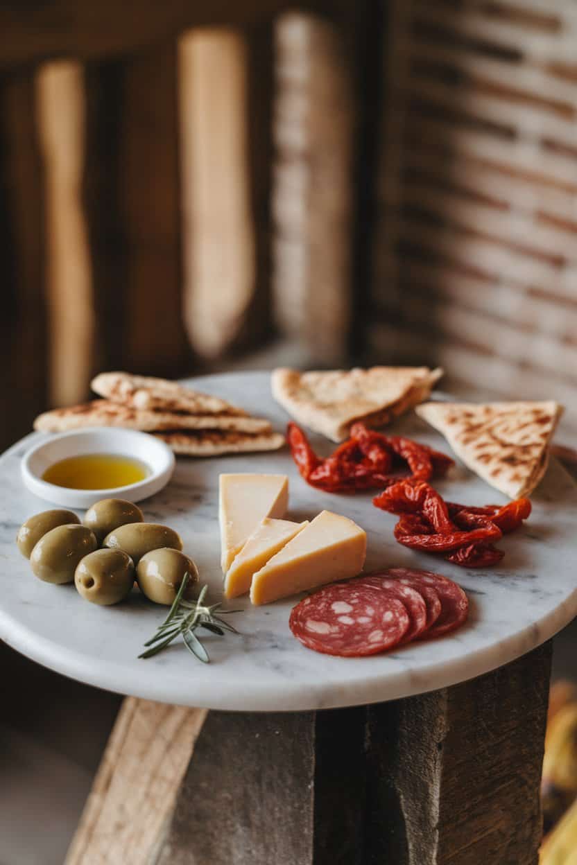Indoor photo of a marble slab displaying marinated olives, manchego wedges, cooked chorizo slices, sun-dried tomatoes, and pita triangles; soft focus, no text or logos