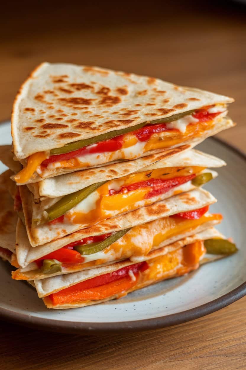Stack of triangular veggie quesadilla wedges on an indoor plate, colorful peppers and melted cheese visible at the seams, no visible text or logos.