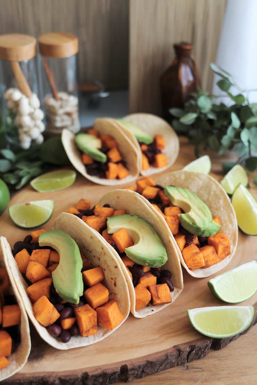 An indoor taco bar setup featuring corn tortillas filled with roasted sweet potato cubes, black beans, and avocado slices, lime wedges alongside. No logos or text.