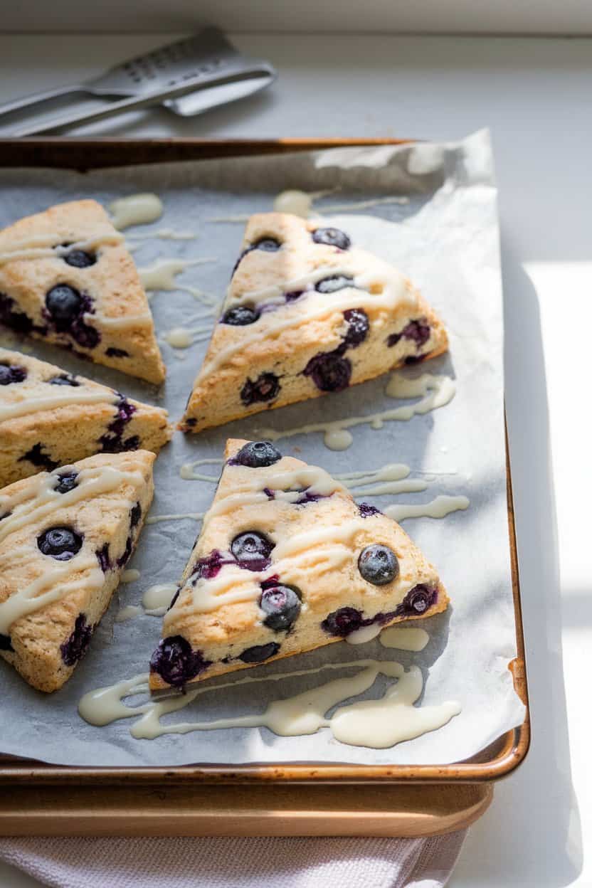 Indoor photo of triangular blueberry scones on a baking sheet lined with parchment, lemon glaze drizzled on top. Morning window light, no text or logos.