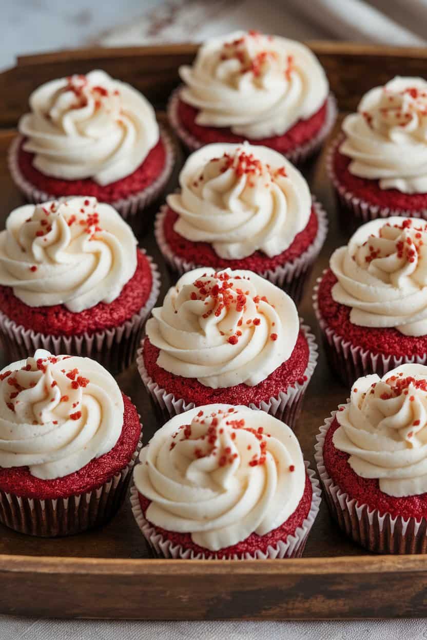 Indoor bakery-style photo of red velvet cupcakes topped with swirls of cream cheese frosting and a sprinkle of red crumbs, no text or logos.