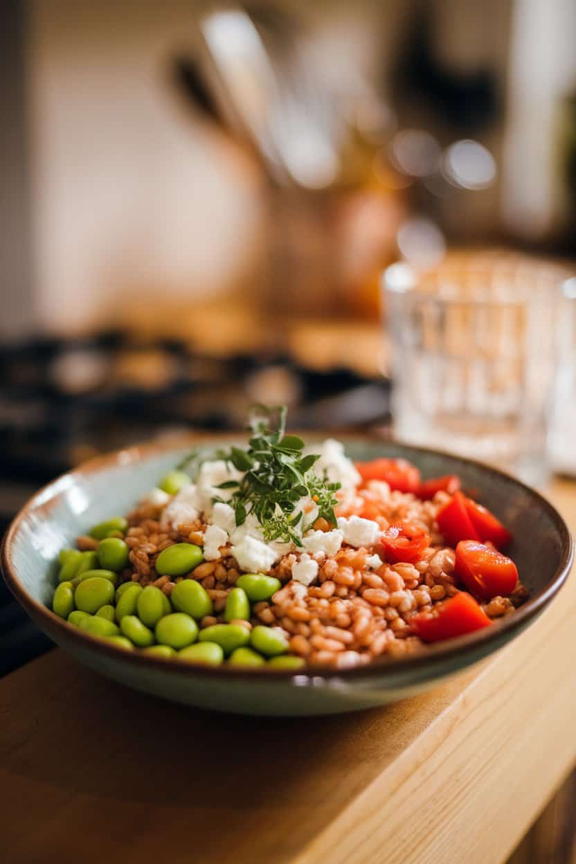 Indoor photo of a shallow bowl filled with cooked farro, bright green edamame, crumbled feta, and cherry tomatoes; no text or logos