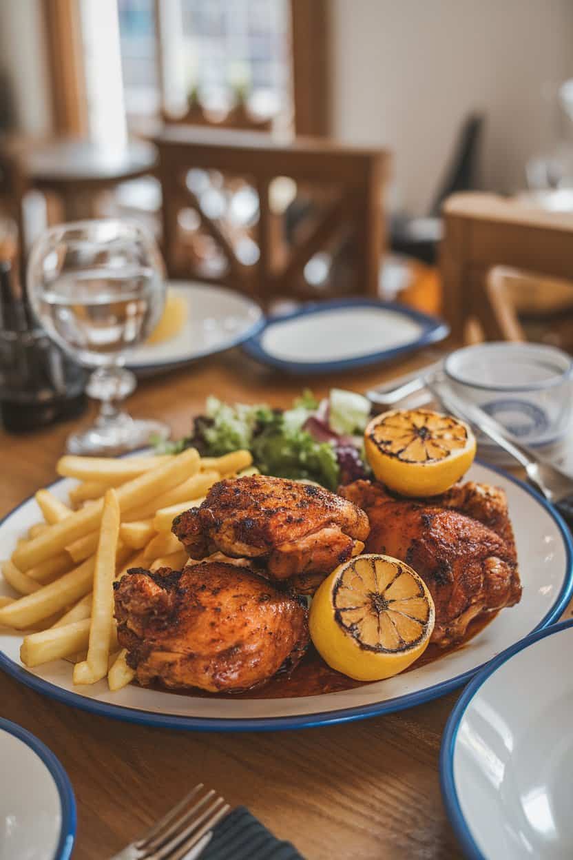Indoor dining table showing a platter of spicy peri-peri chicken thighs garnished with charred lemon halves. Real photo, logo-free.