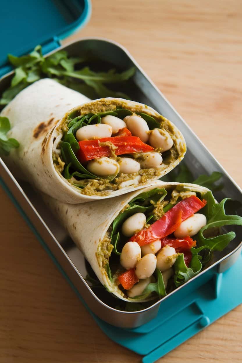 Photo of a wrap inside an indoor lunchbox, sliced to reveal creamy pesto-coated white beans, arugula, and roasted red peppers. No text or logos visible.