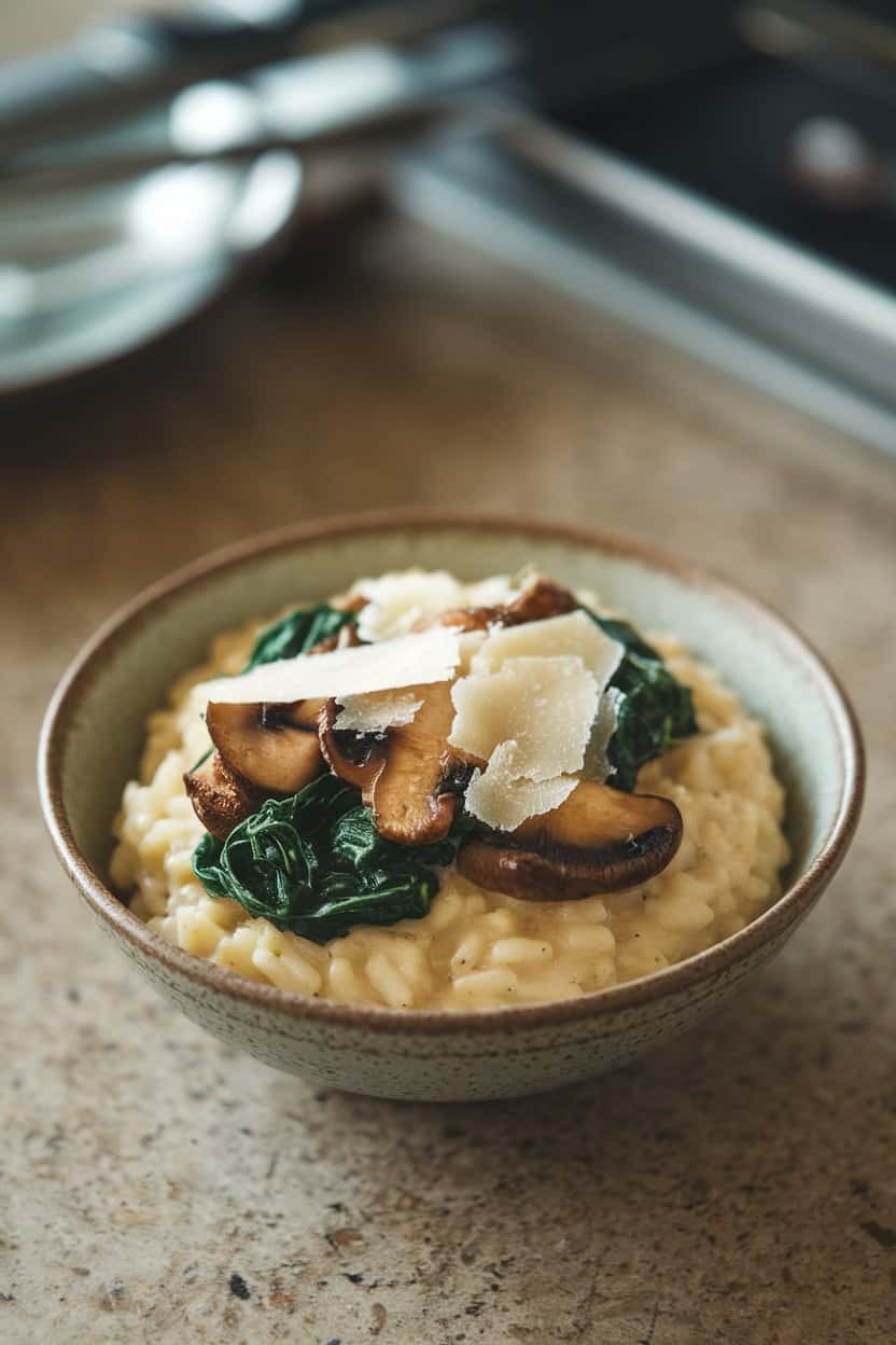 Indoor countertop with a small bowl of creamy risotto studded with sautéed mushrooms and wilted spinach, parmesan shavings on top. No text or logos, photo not illustration.