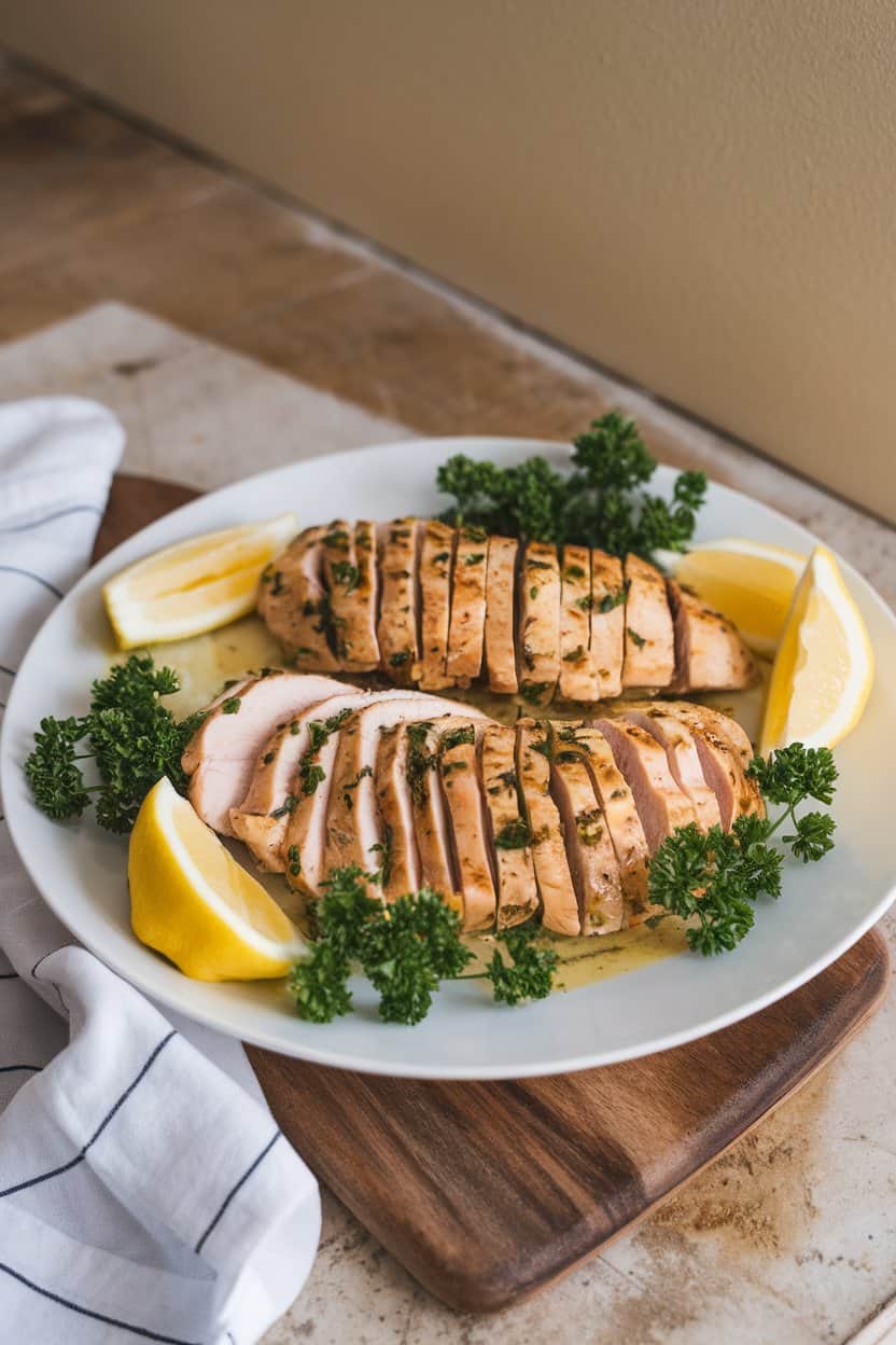 Indoor photo of a white plate holding sliced grilled chicken breast drizzled with a light lemon-herb sauce, garnished with fresh parsley and lemon wedges; soft kitchen lighting, no text or logos