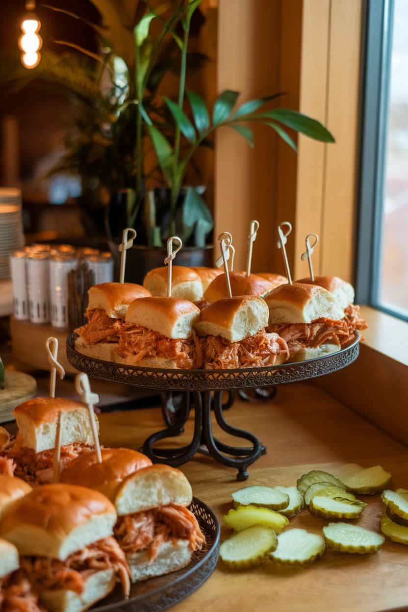 A warmly lit indoor buffet with a platter of pulled BBQ chicken sliders on soft buns, pickle chips scattered nearby. No text or logos.