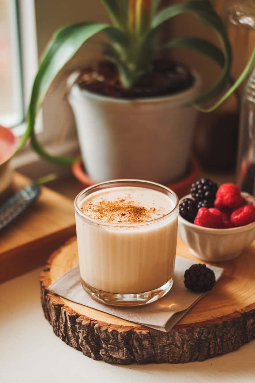 Cozy indoor brunch nook with a rocks glass of creamy Bourbon Milk Punch dusted with fresh nutmeg; photo, no text or logos.