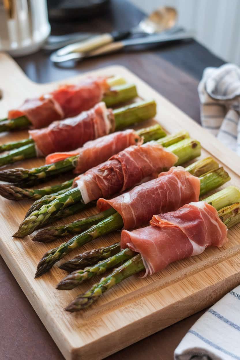 A wooden cutting board on an indoor table holding roasted asparagus spears wrapped in crisped prosciutto, tiny char marks visible. No text or logos anywhere.