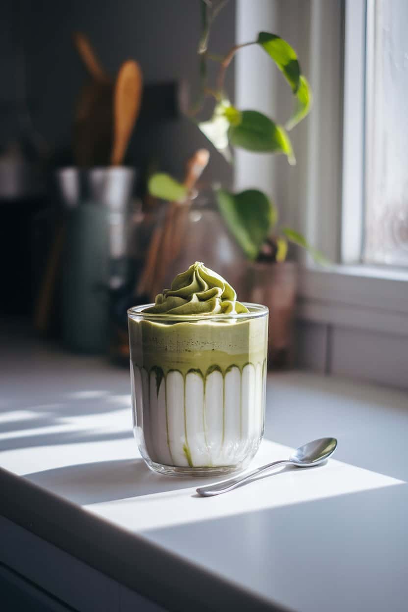 Indoor kitchen counter featuring a double-layered glass; pillowy whipped matcha foam crowned over chilled almond milk, spoon resting beside, soft morning light from window, no text or logos. Photo