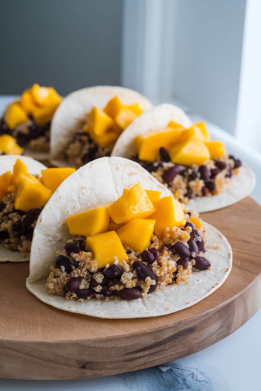 Indoor photo of soft corn tortillas filled with black bean and quinoa mixture topped with mango chunks; bright kitchen lighting, no text or logos