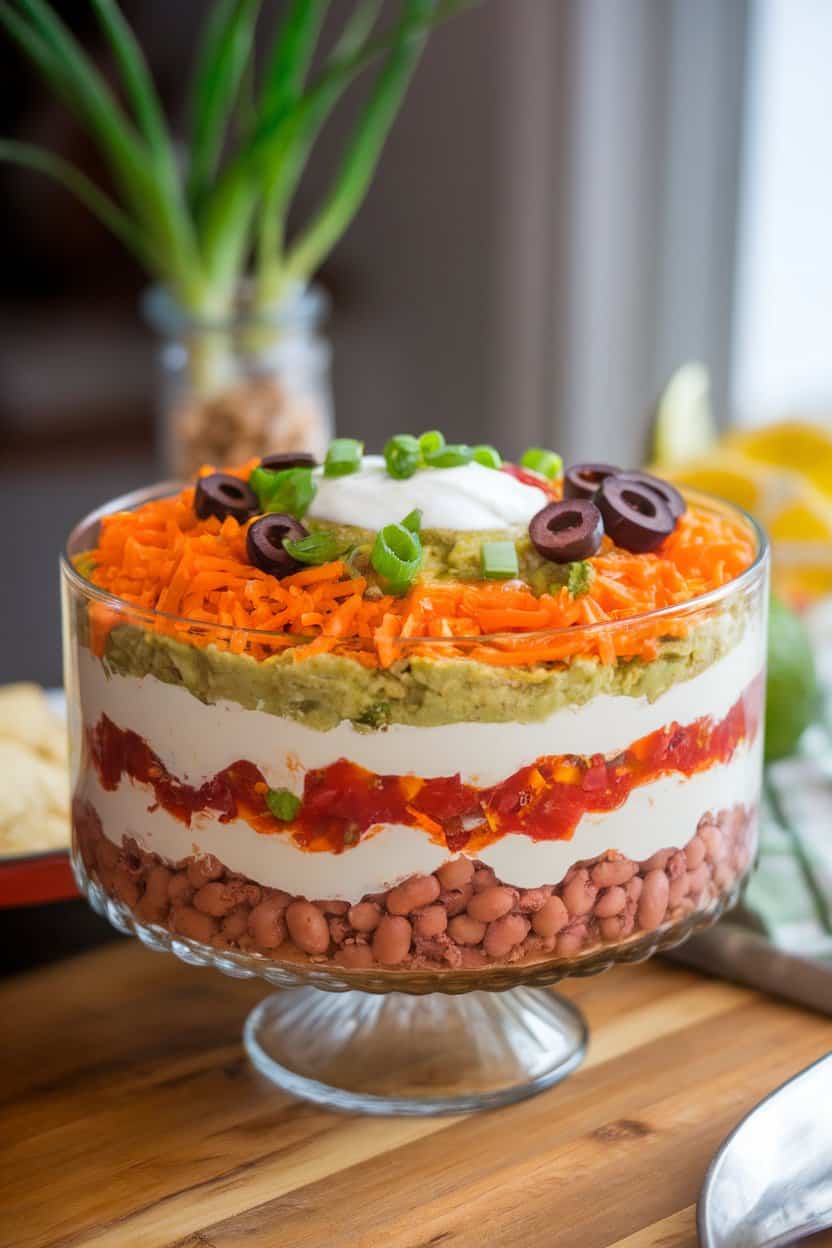 A glass trifle dish indoors showcasing colorful strata of refried beans, guacamole, sour cream, salsa, shredded cheese, olives, and green onions. No logos in view.