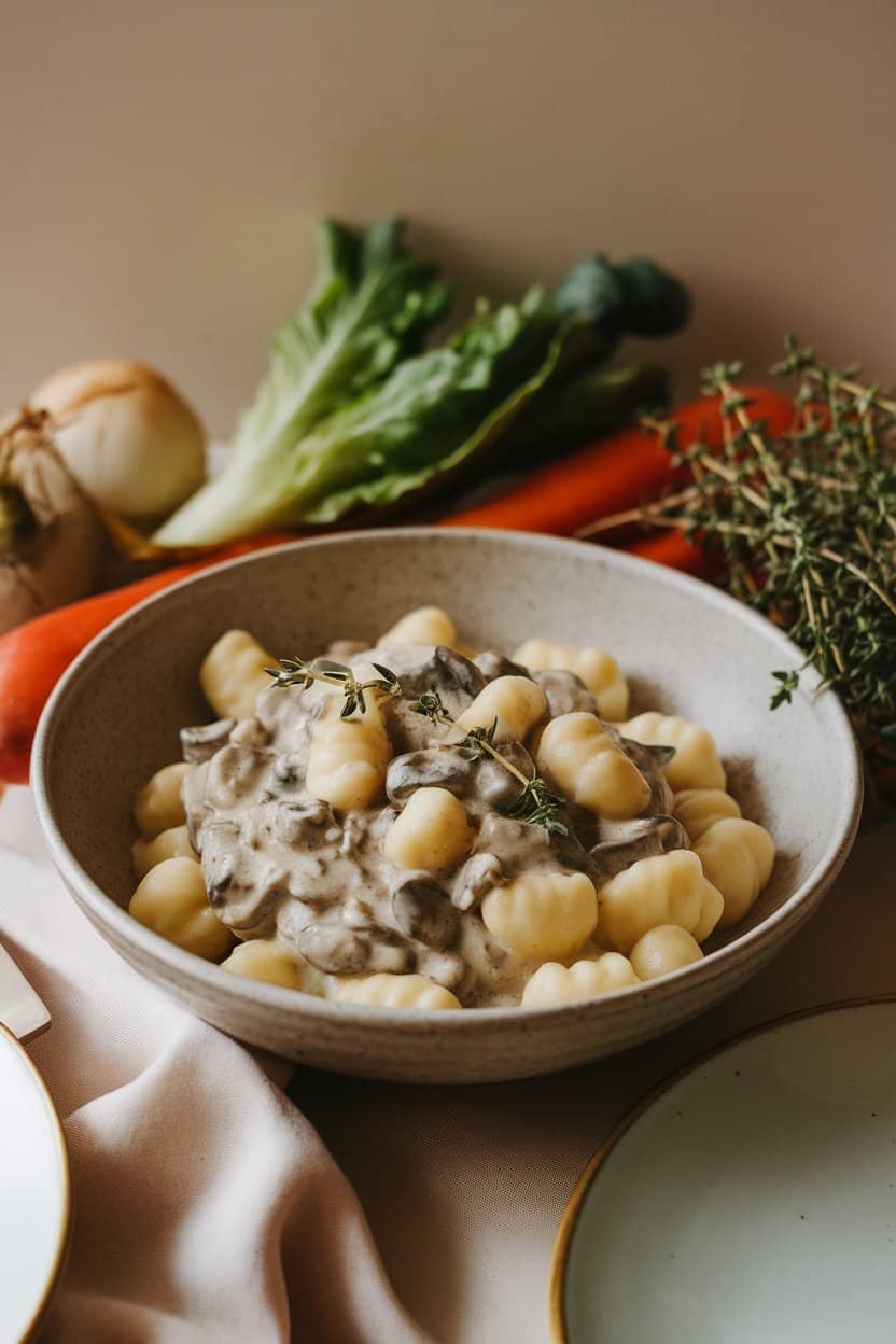 Photo of a bowl on an indoor dinner table filled with pillowy gnocchi coated in creamy mushroom sauce, topped with fresh thyme. No text or logos present.