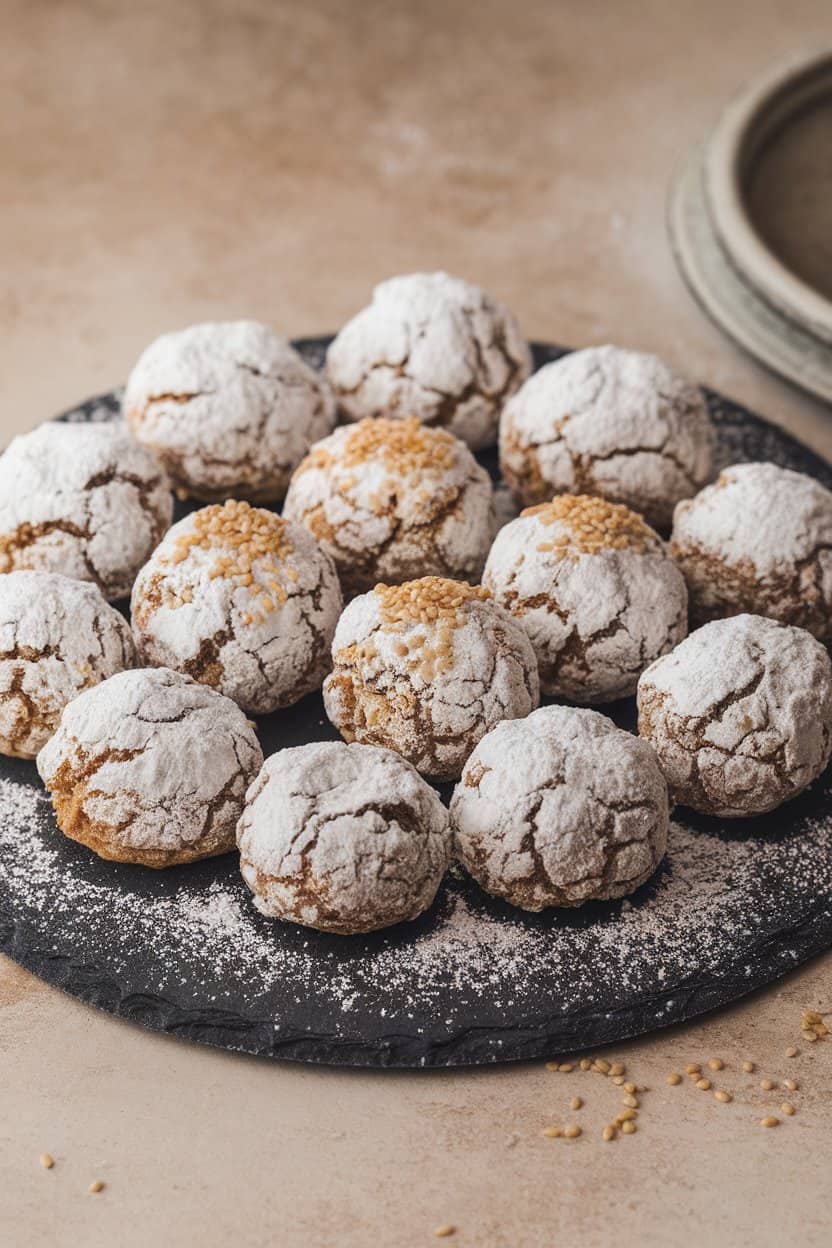 Indoor photo of black sesame snowball cookies dusted with powdered sugar, arranged on a small slate board. Soft diffused light, no text or logos.