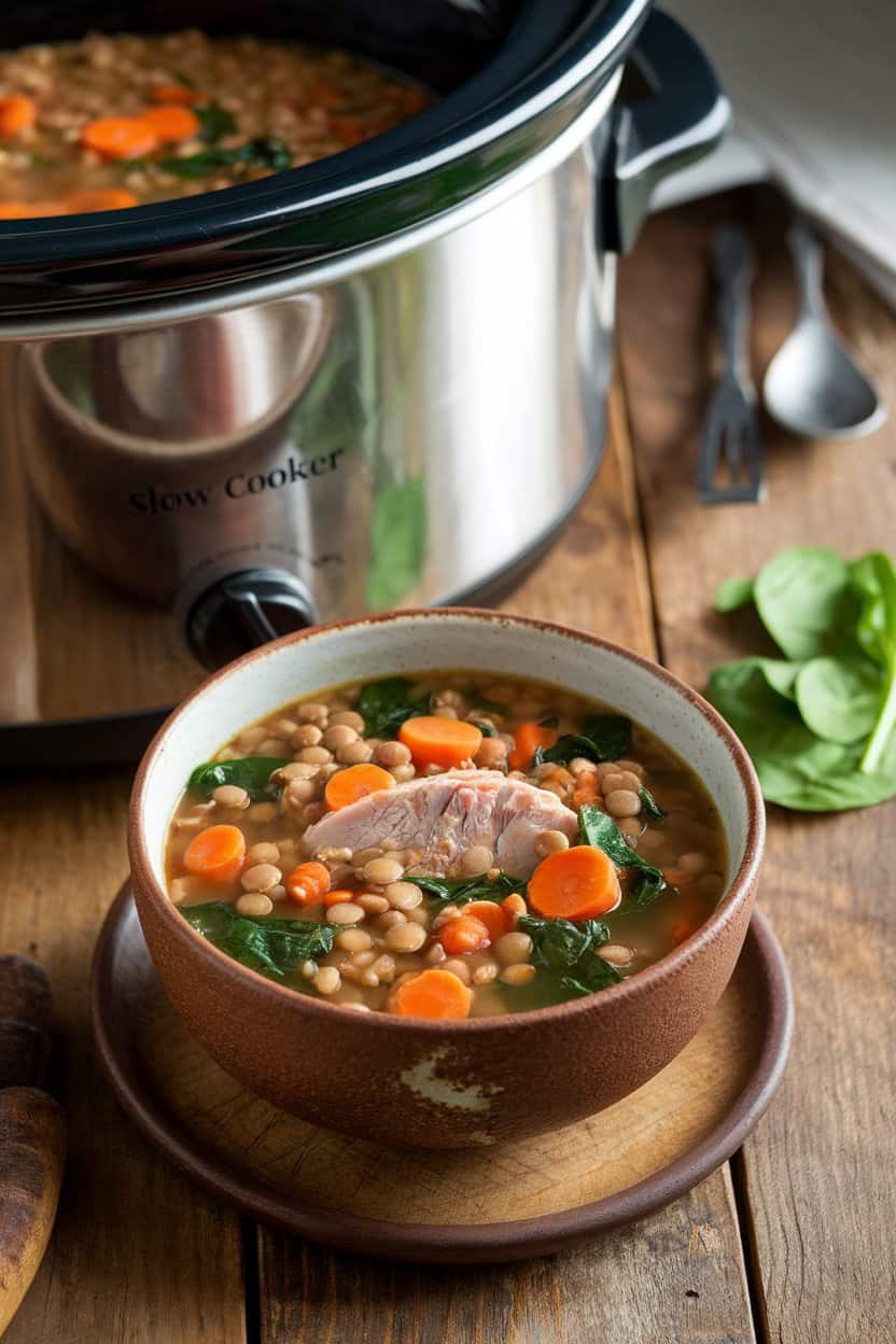 An indoor wooden table with a rustic bowl of turkey and lentil soup, carrots and spinach floating in broth; slow cooker behind, no text or logos.
