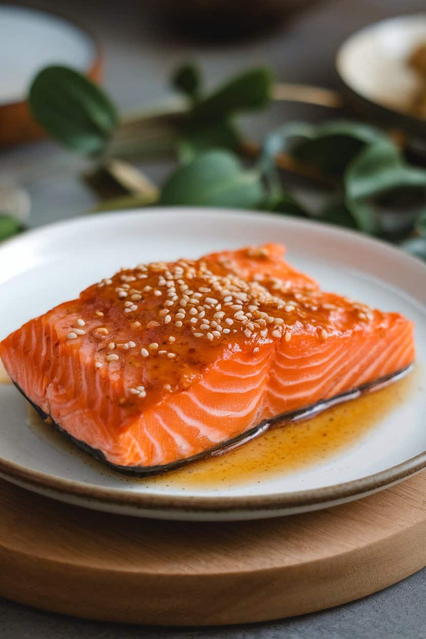 Indoor photo of cooked salmon fillet glazed with ginger miso sauce, garnished with sesame seeds; resting on a white plate, no text or logos