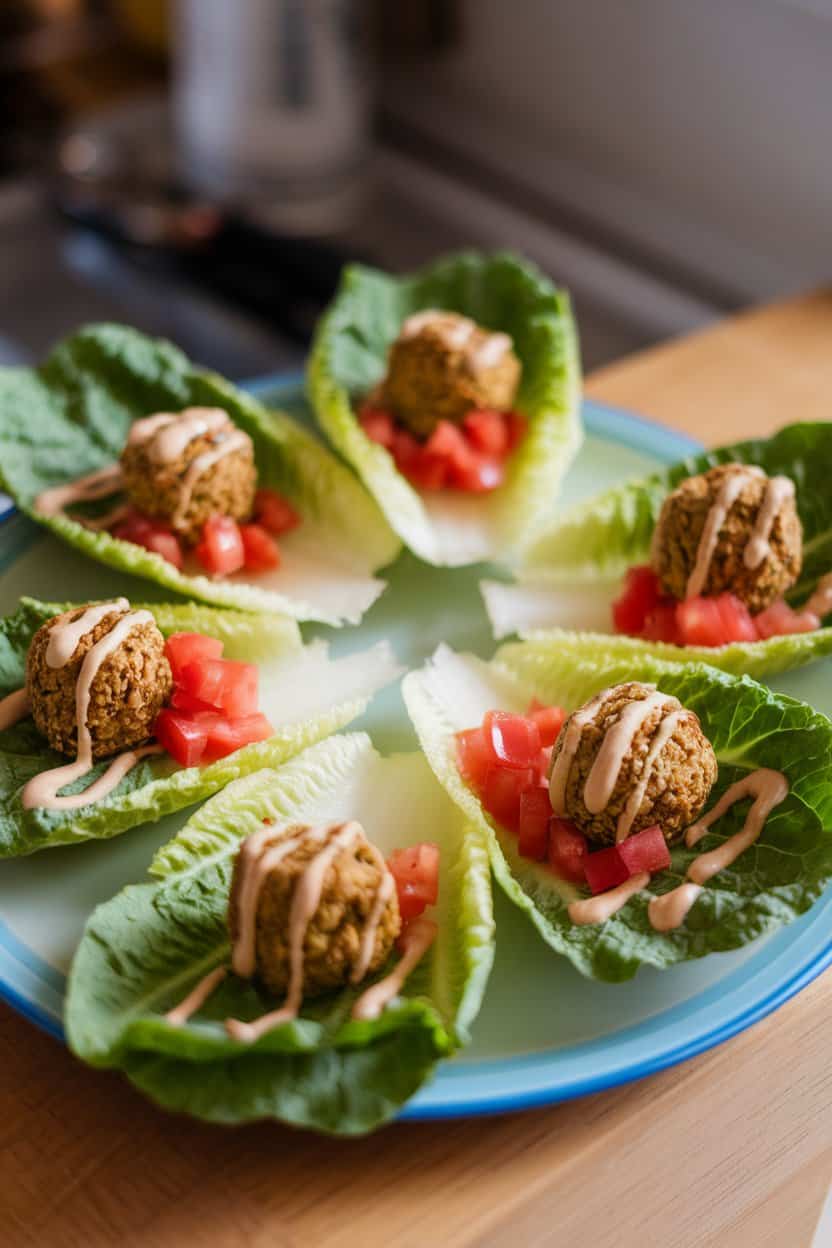 Photo of crisp romaine leaves on an indoor plate each holding a small falafel ball, diced tomato, and tahini drizzle. No text or logos present.