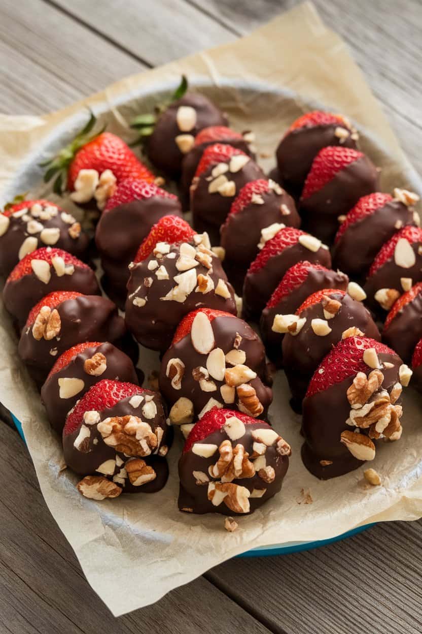 An indoor countertop featuring a parchment-lined plate of strawberry and banana slices stacked together, half-dipped in dark chocolate and sprinkled with chopped nuts. No text or logos.