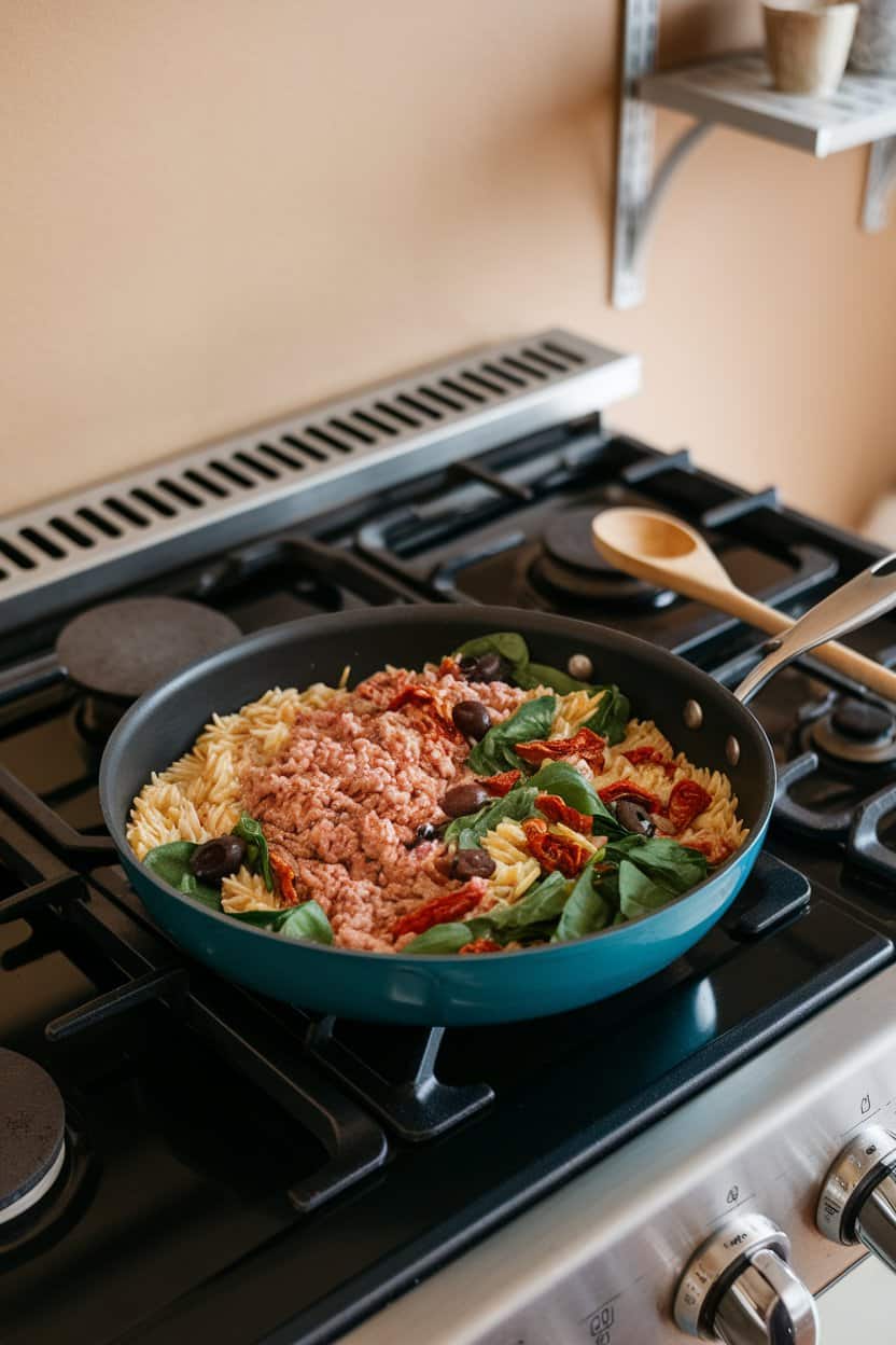 Indoor stovetop scene with a sauté pan filled with orzo, ground turkey, spinach, sun-dried tomatoes, and olives. No logos or text.