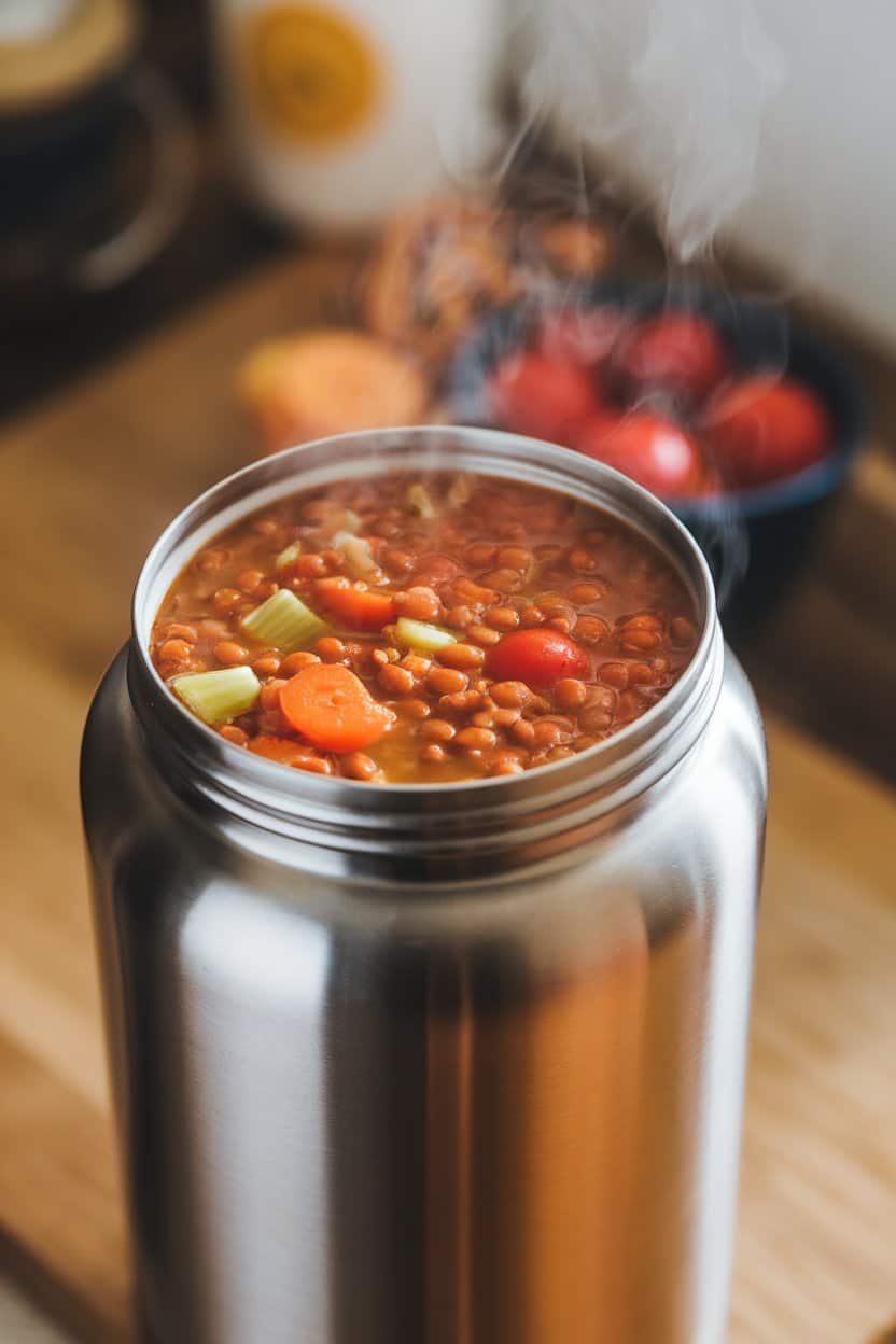 Photo of a wide-mouth stainless-steel thermos indoors, lid off, showing steaming lentil vegetable soup with visible carrots, celery, and tomatoes. No text or logos present.