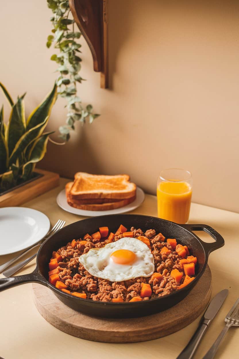 Indoor brunch table featuring a cast-iron skillet of browned ground turkey, caramelized sweet potato cubes, and diced bell peppers, topped with a runny fried egg. Warm lighting, no text or logos.