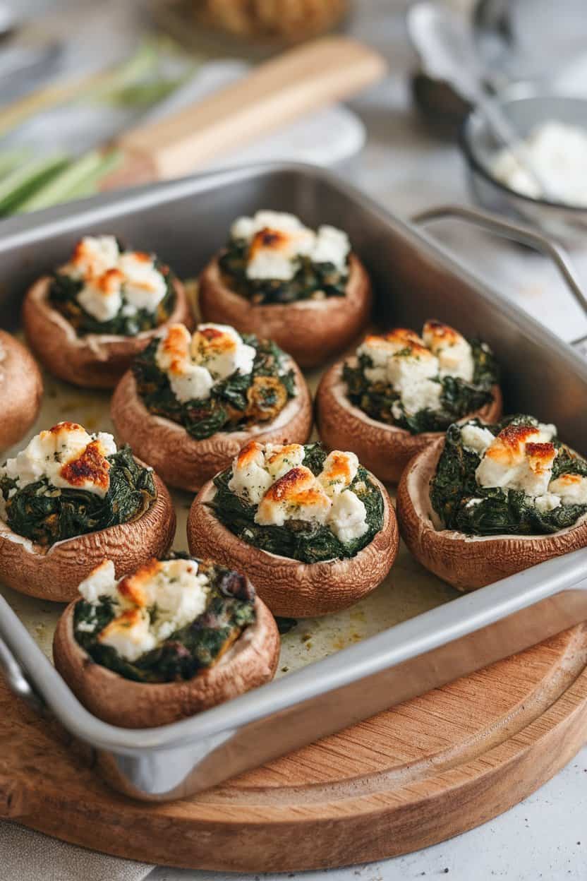 An indoor baking dish of browned mushroom caps stuffed with spinach, feta, and herbs, no text or logos.