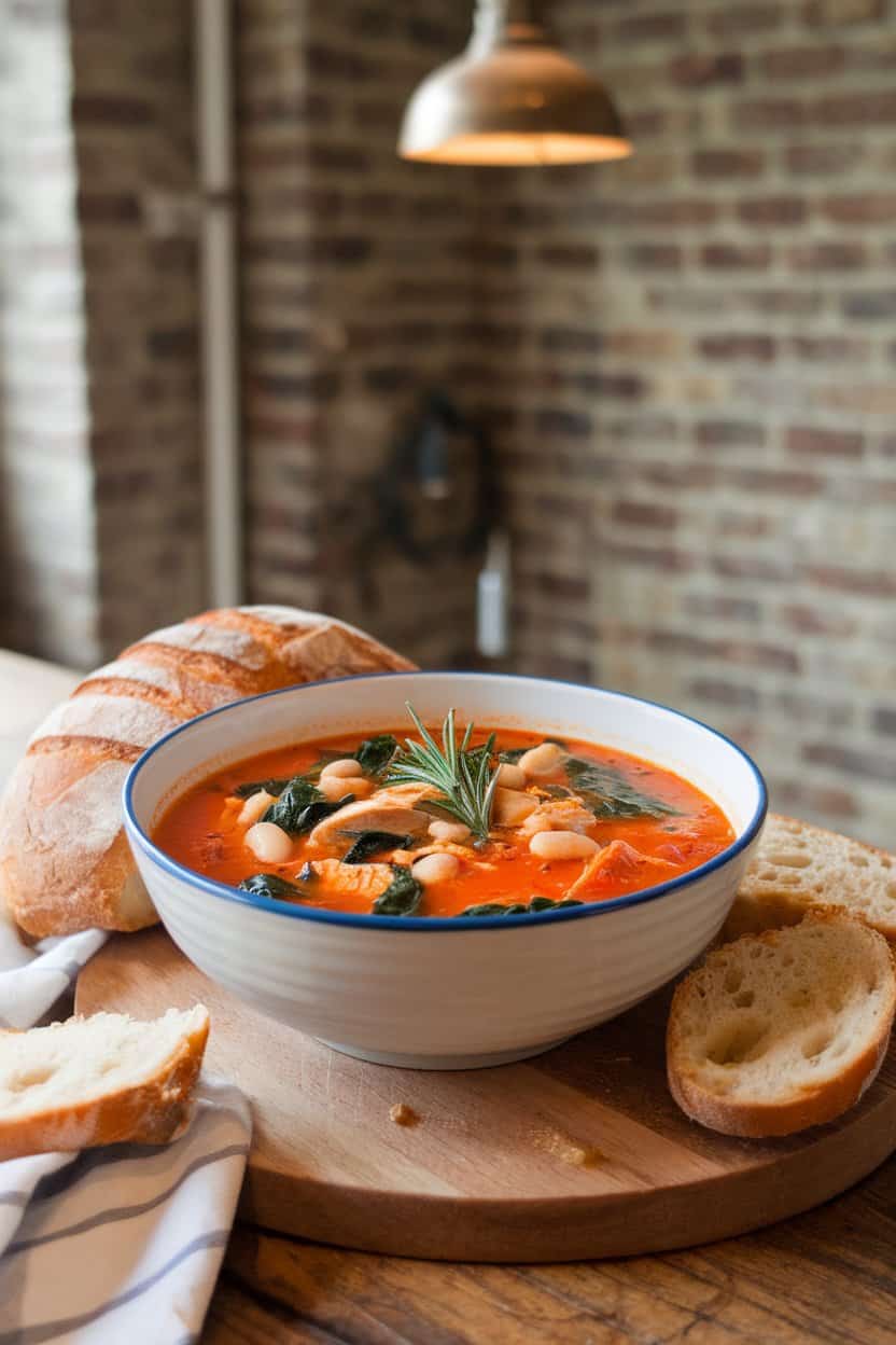 Indoor farmhouse table displaying a bowl of tomato-based chicken soup with cannellini beans, spinach, and rosemary; no text or logos.