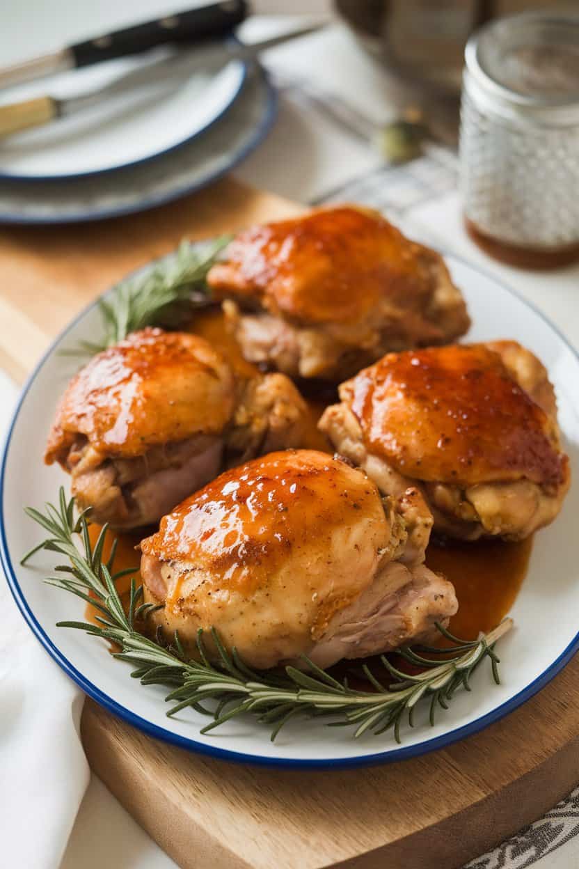 Indoor dinner table displaying a white platter of golden chicken thighs coated in glossy maple-mustard glaze, fresh rosemary sprigs nearby. No text or logos, photographed.
