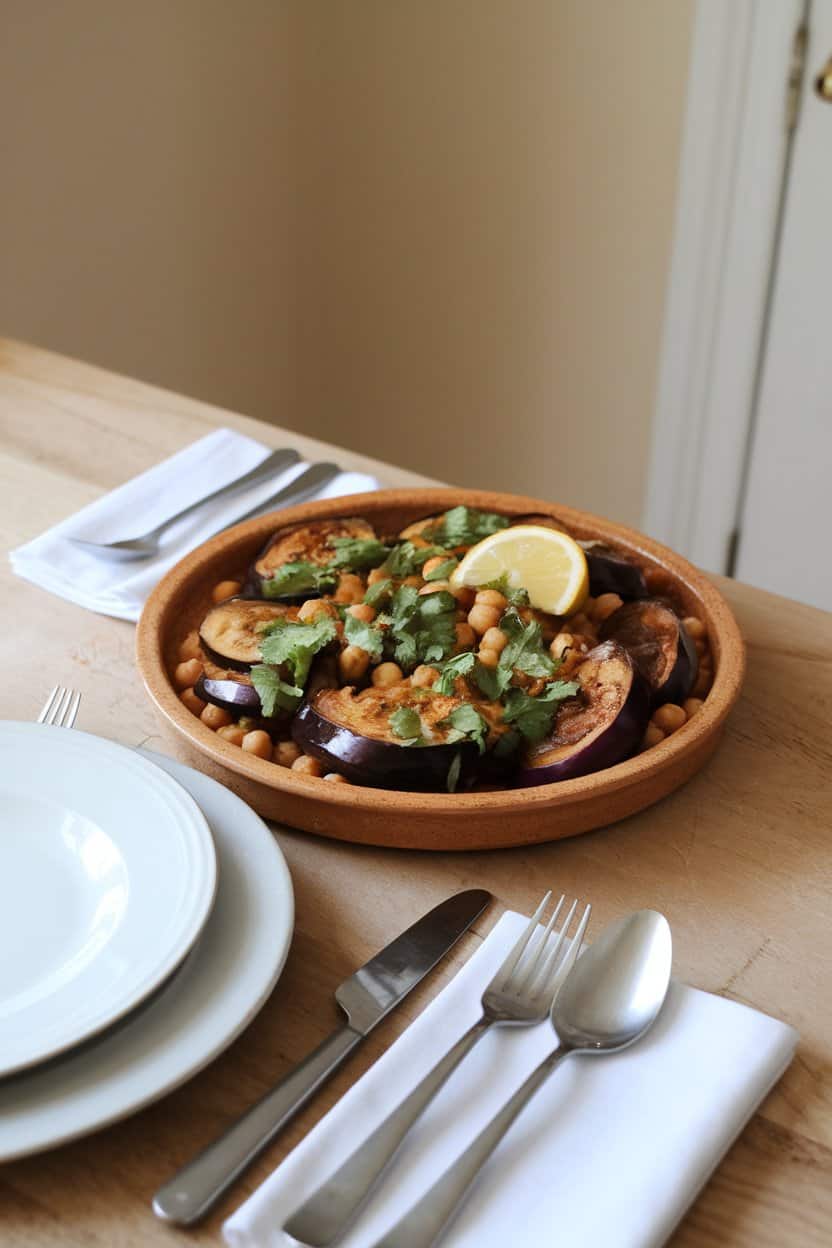 An indoor dining table featuring a shallow bowl of cooked eggplant and chickpea tagine, garnished with chopped cilantro and a wedge of lemon. No logos or text.