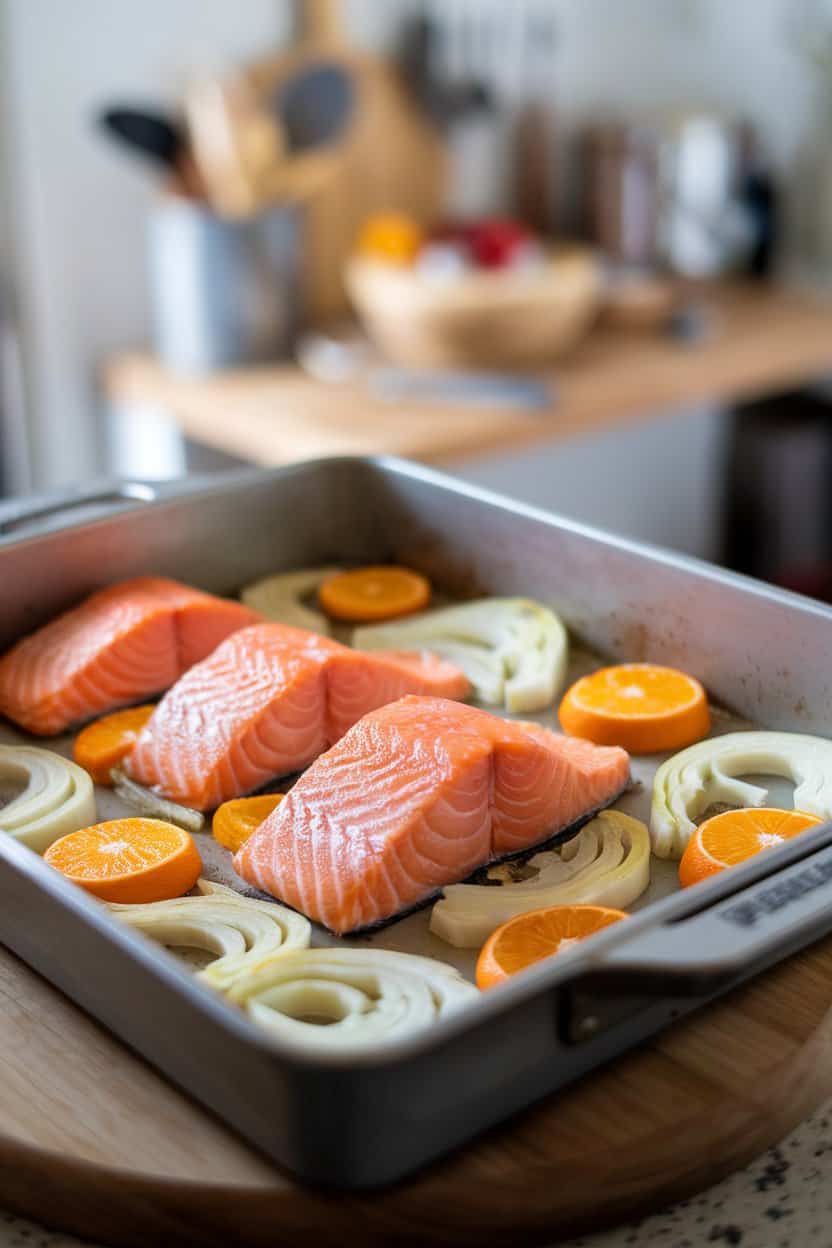 Photo of an indoor baking dish lined with sliced fennel and orange rounds beneath roasted salmon fillets. No text or logos present.