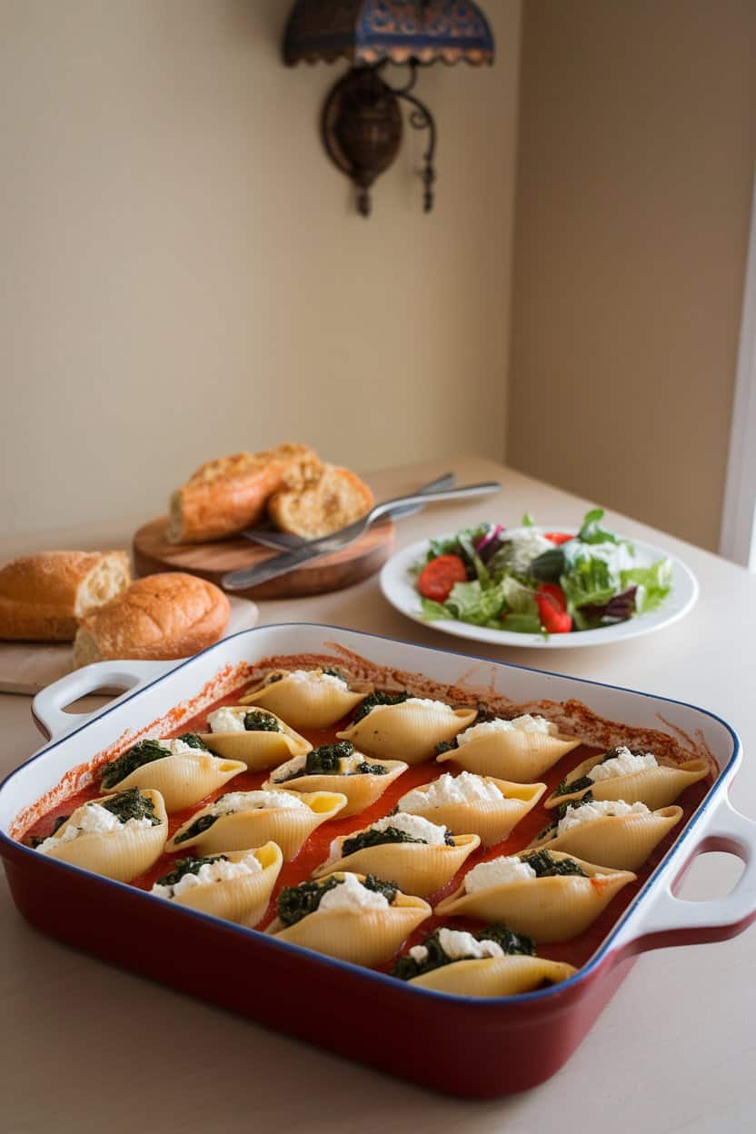 An indoor dining table showcasing a baking dish of jumbo pasta shells oozing ricotta and spinach, marinara pooling around the edges, no text or logos.