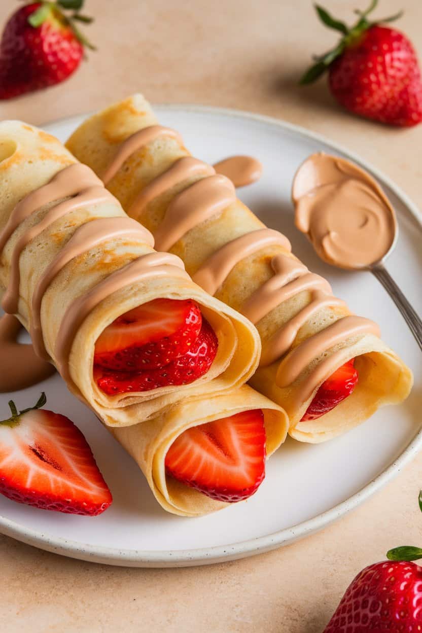 Indoor photo of rolled crêpes drizzled with almond butter and filled with sliced strawberries; no text or logos