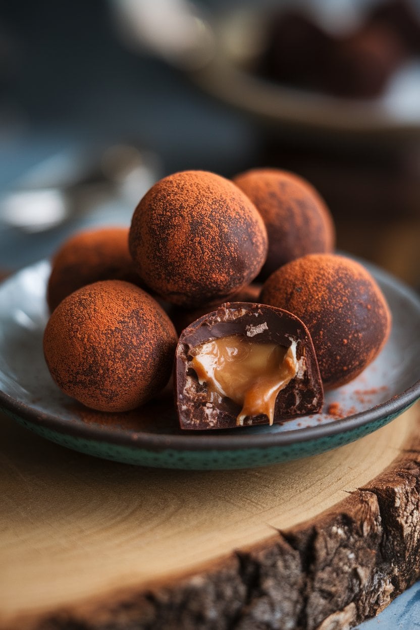 A small indoor plate of round chocolate truffles dusted with cocoa, one cut open to reveal gooey salted caramel. No logos present.