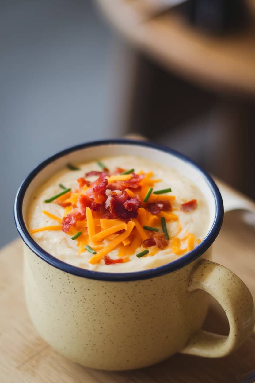 Indoor photo of creamy potato soup in a mug, topped with cheddar, bacon bits, and chives—no text or logos