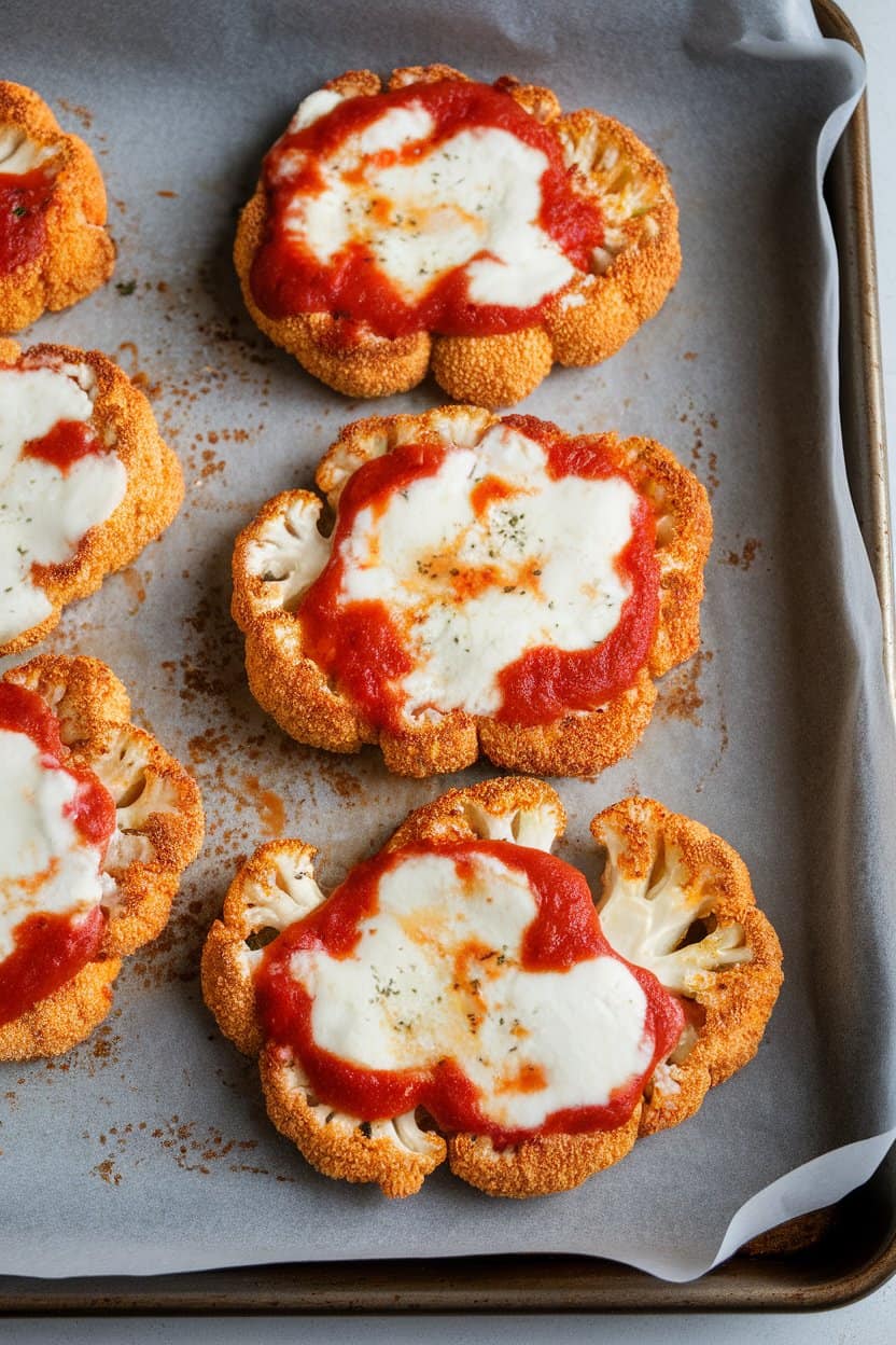 A parchment-lined baking sheet indoors holding breaded cauliflower steaks topped with melted mozzarella and marinara, golden and bubbly, no text or logos.
