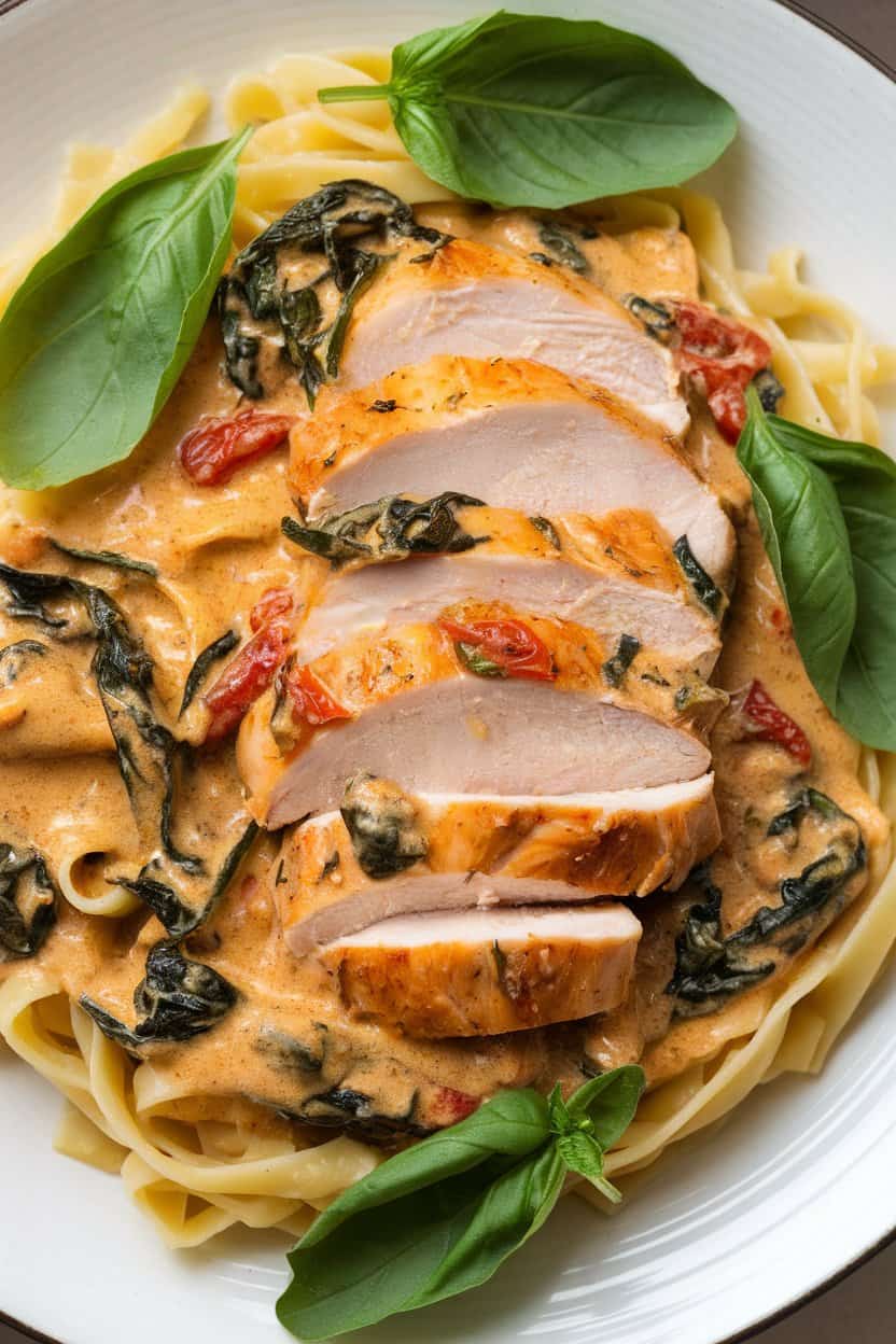 Indoor photo of sliced chicken breasts in a creamy sauce with sun-dried tomatoes and spinach, served over pasta—no visible logos
