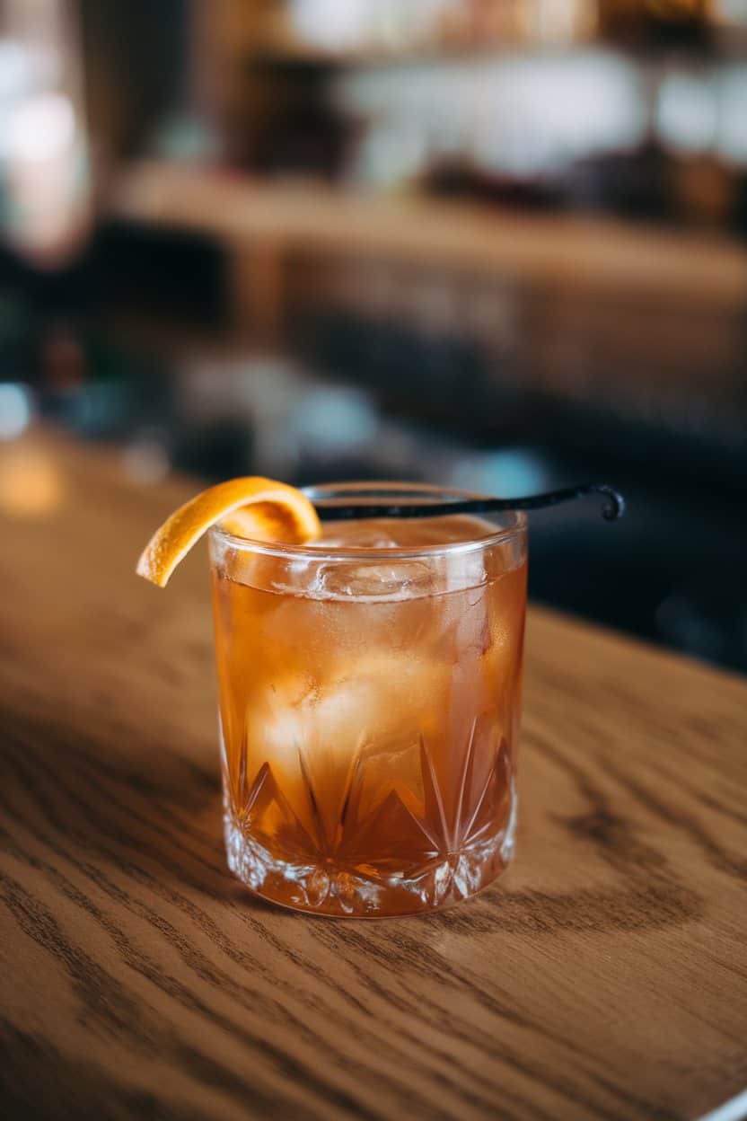 Photo of an indoor wood-grain bar top, heavy rocks glass with amber mocktail, large clear ice cube, orange peel and vanilla bean speck; no text or logos
