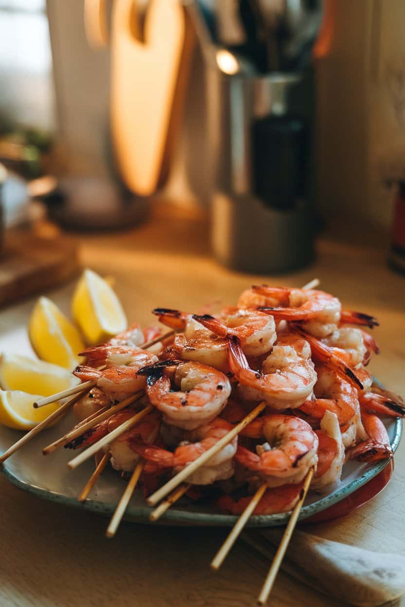 Indoor platter of cooked Cajun shrimp skewers with a charred edge, lemon wedges alongside, warm kitchen lighting, no logos.